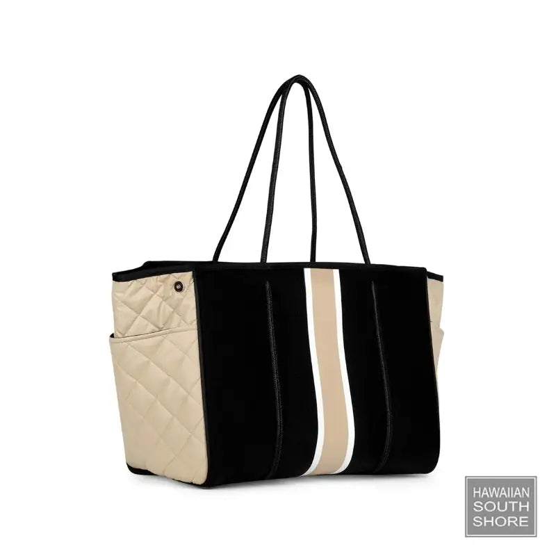 HA Handbag Buff/Handbag/Grayson/Black Neoprene Beige White Stripe