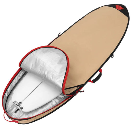 Rear view of VEIA board bag showing padded shoulder strap, grab handle, and durable YKK zippers for easy transport.