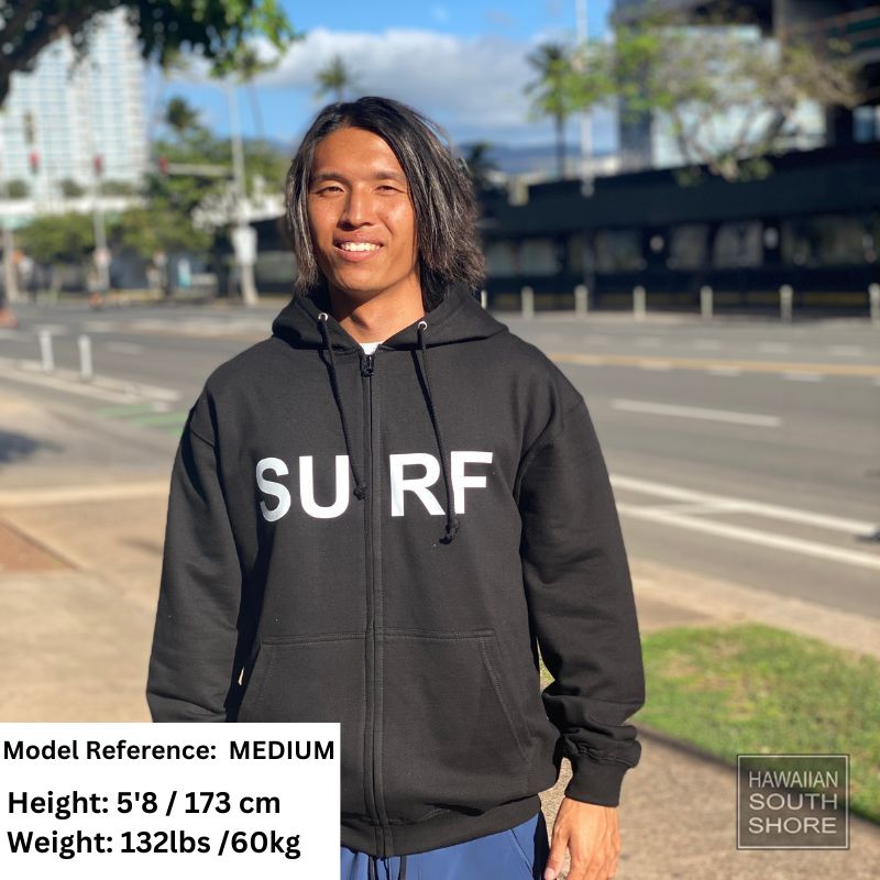 Detail shot of Aloha Days hoodie front graphic showing Surf in Honolulu floral typography design