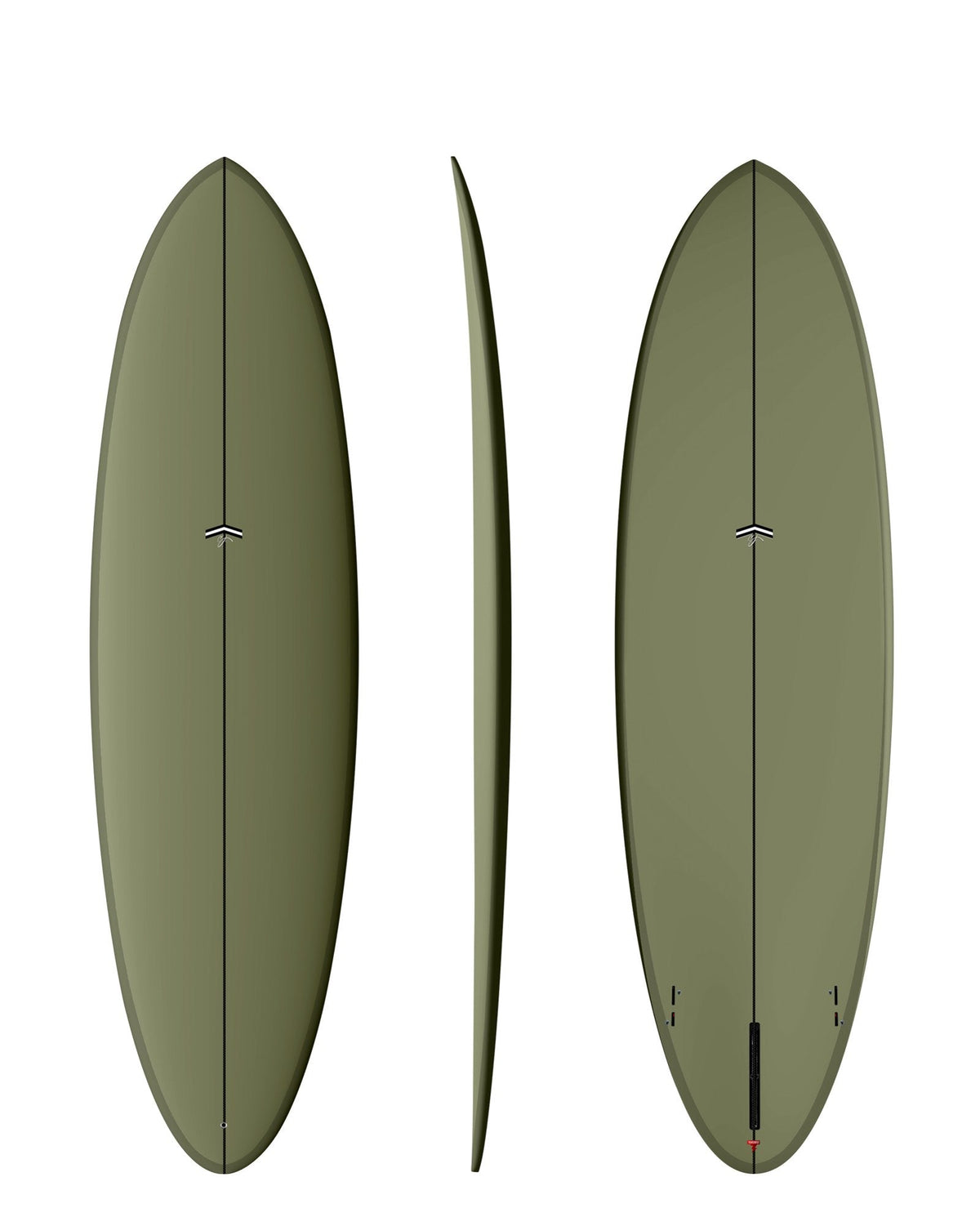 CJ Nelson Outlier X 6'6 Thunderbolt Red surfboard in Army, top, side and bottom views