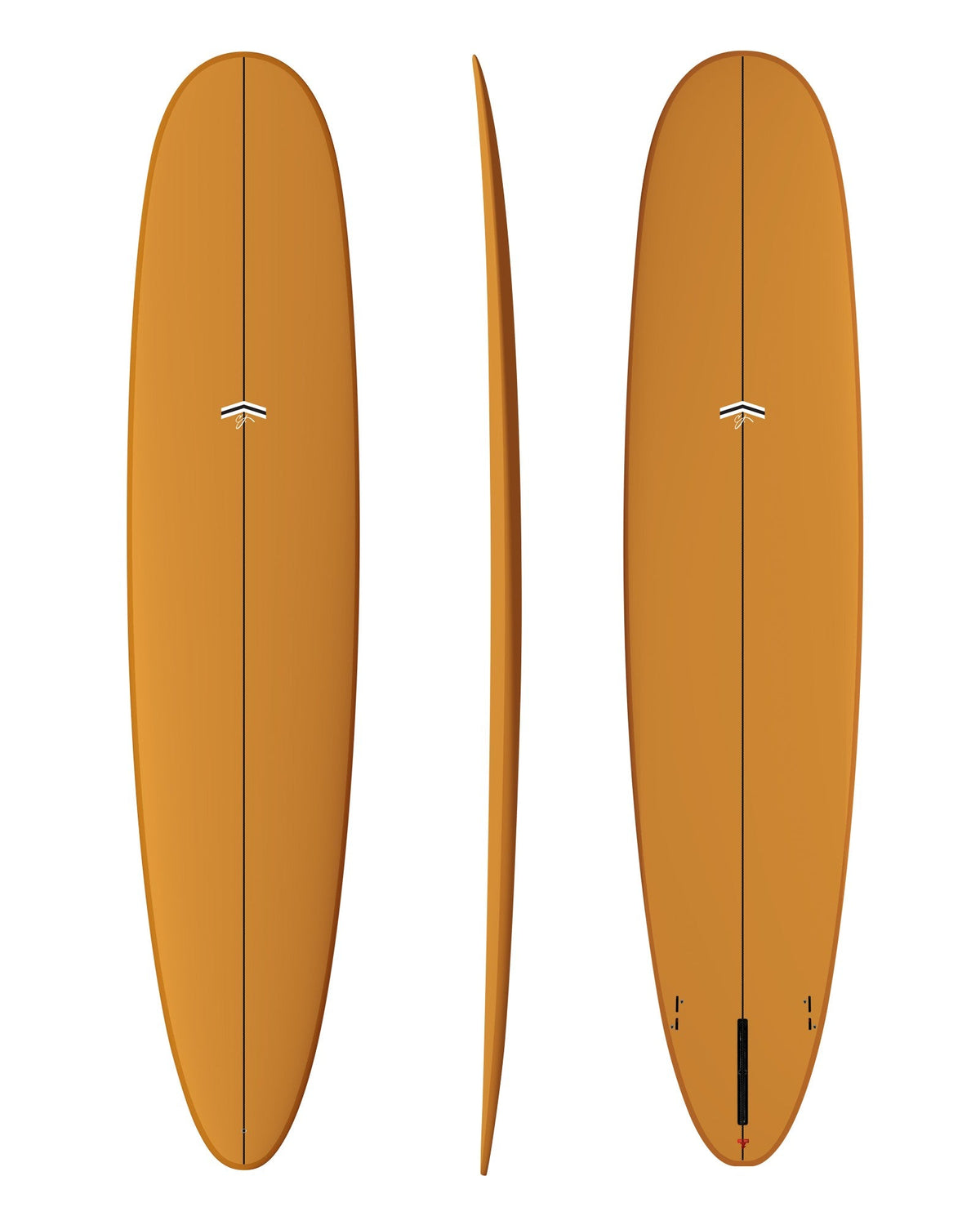 CJ Nelson Parallax Plus 7'10 surfboard in Burnt Umber, top, side and bottom views
