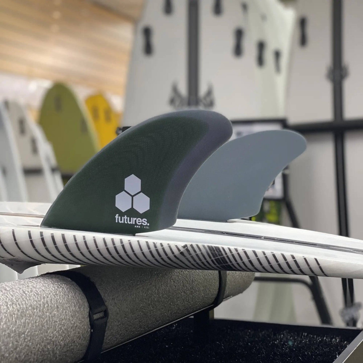 Futures TWIN Al Merrick Fiberglass Large Keel Template Green Gray - Must-Have for Surfers