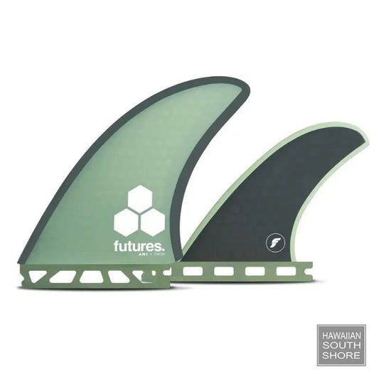 Futures TWIN+1 Al Merrick Honeycomb Green Grey showing front and back view of fin