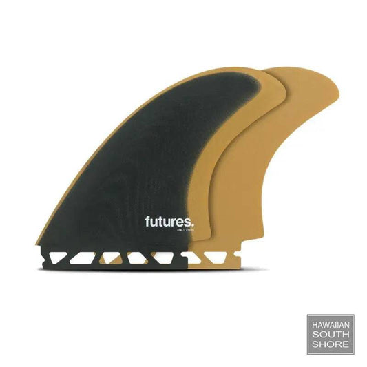 Futures TWIN EN Fiberglass Large Neutral Template Slate Ochre showing front and back view of fin