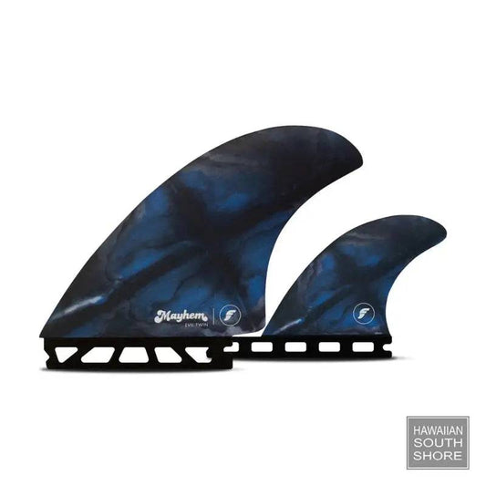 Futures TWIN+1 Mayhem Evil Honeycomb Large Hybrid Keel Blue showing front view of fin and a trailer fin