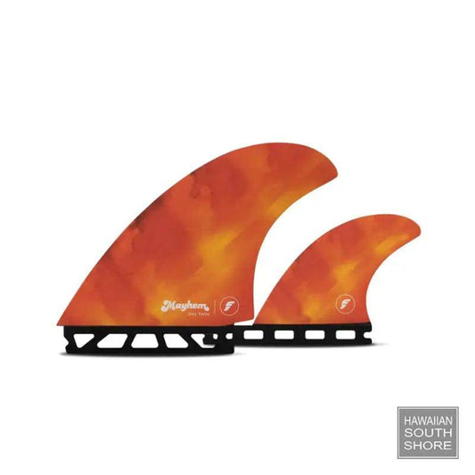 Futures TWIN+1 Mayhem Evil Honeycomb Medium Hybrid Keel showing front view and a trailer fin