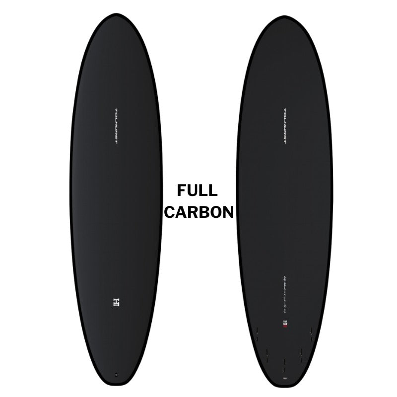 Harley Moe mid-length surfboard Thunderbolt Black deck and bottom view showing fin box setup