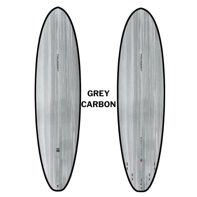 Harley Moe mid-length surfboard Thunderbolt Black deck and bottom view showing fin box setup