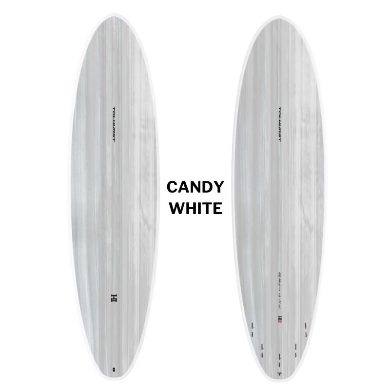 Harley Moe mid-length surfboard Thunderbolt Red candy white bottom and top view showing double concave design