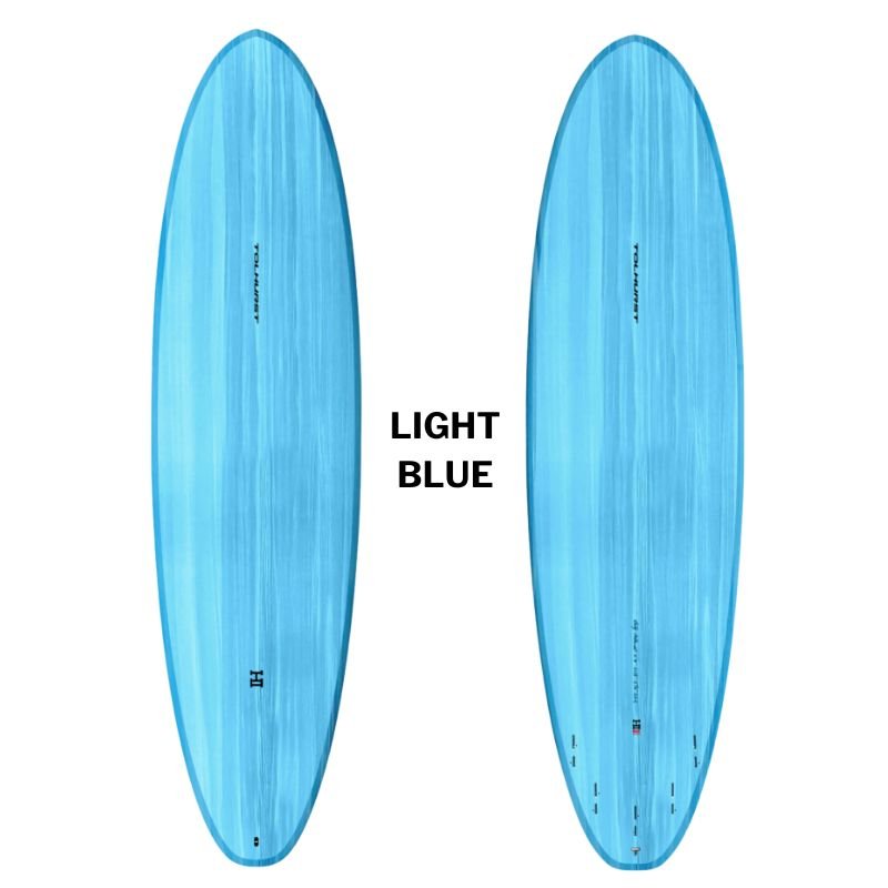 Harley Moe mid-length surfboard Thunderbolt Red in blue - bottom and top view showing double concave design