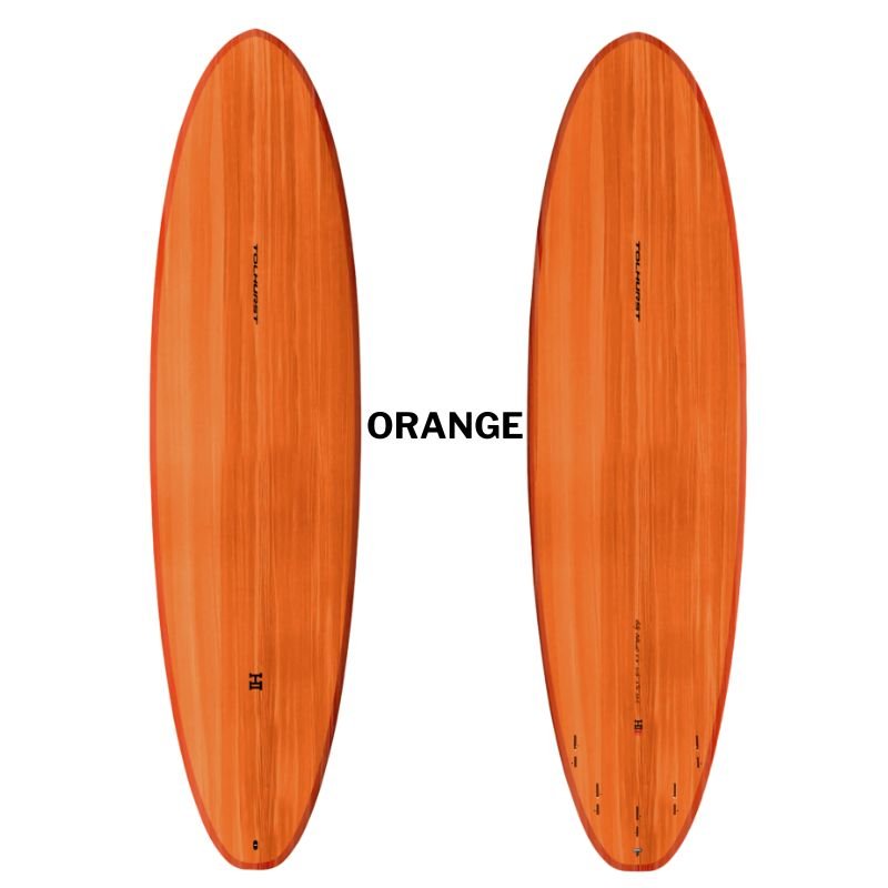 Harley Moe mid-length surfboard Thunderbolt Red in orange bottom and top view showing double concave design
