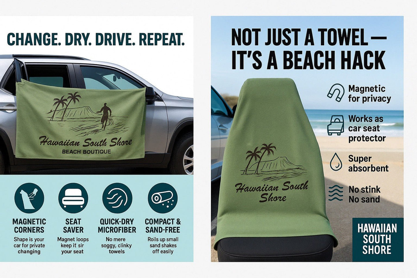 Hawaiian South Shore Beach Towel with Magnet Green - Must - Have for Surfers