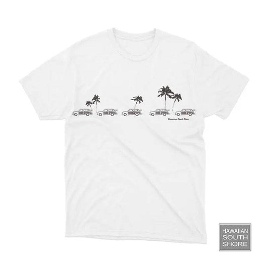 Front view of HawaiianSouthShore T-Shirt Car & Palm Tee Made in Hawaii S-2XL White - Must-Have for Surfers