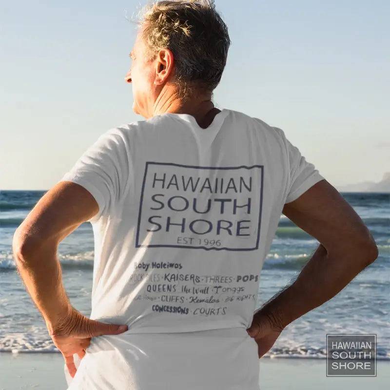 HawaiianSouthShore Worn T-Shirt Back View SURFPOINT White Navy - Must-Have for Surfers