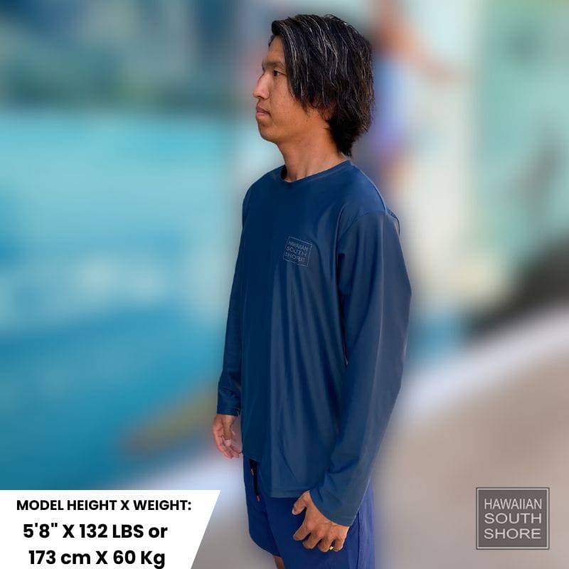 Side view HawaiianSouthShore UPF50 Rashguard (Small-2XLarge) Loosefit Longsleeves Navy - Must-Have for Surfers
