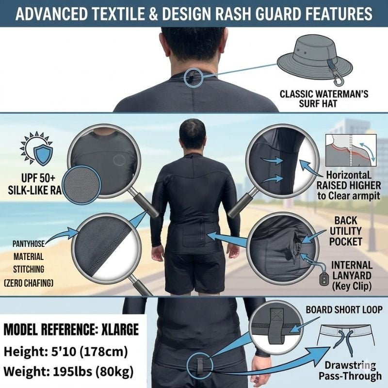 HawaiianSouthShore Rashguard With Pocket Fitted (Small - XXLarge) Longsleeves Black - Must - Have for Surfers