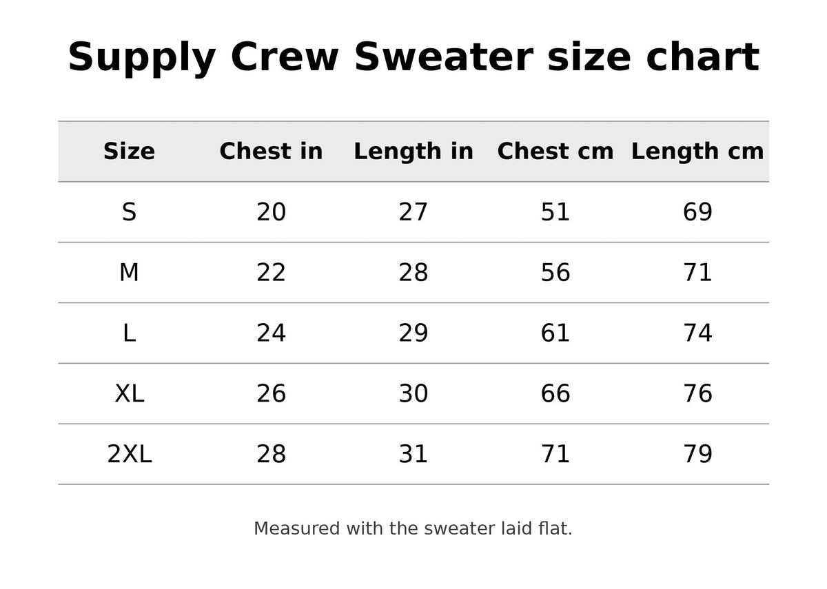 Supply Crew Sweater size chart, S to 2XL