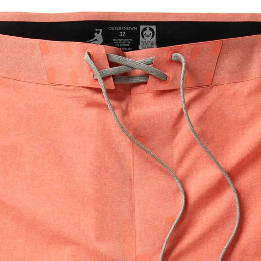 Outerknown Apex boardshorts in Heather Grapefruit showing a zoomed in view of the lace