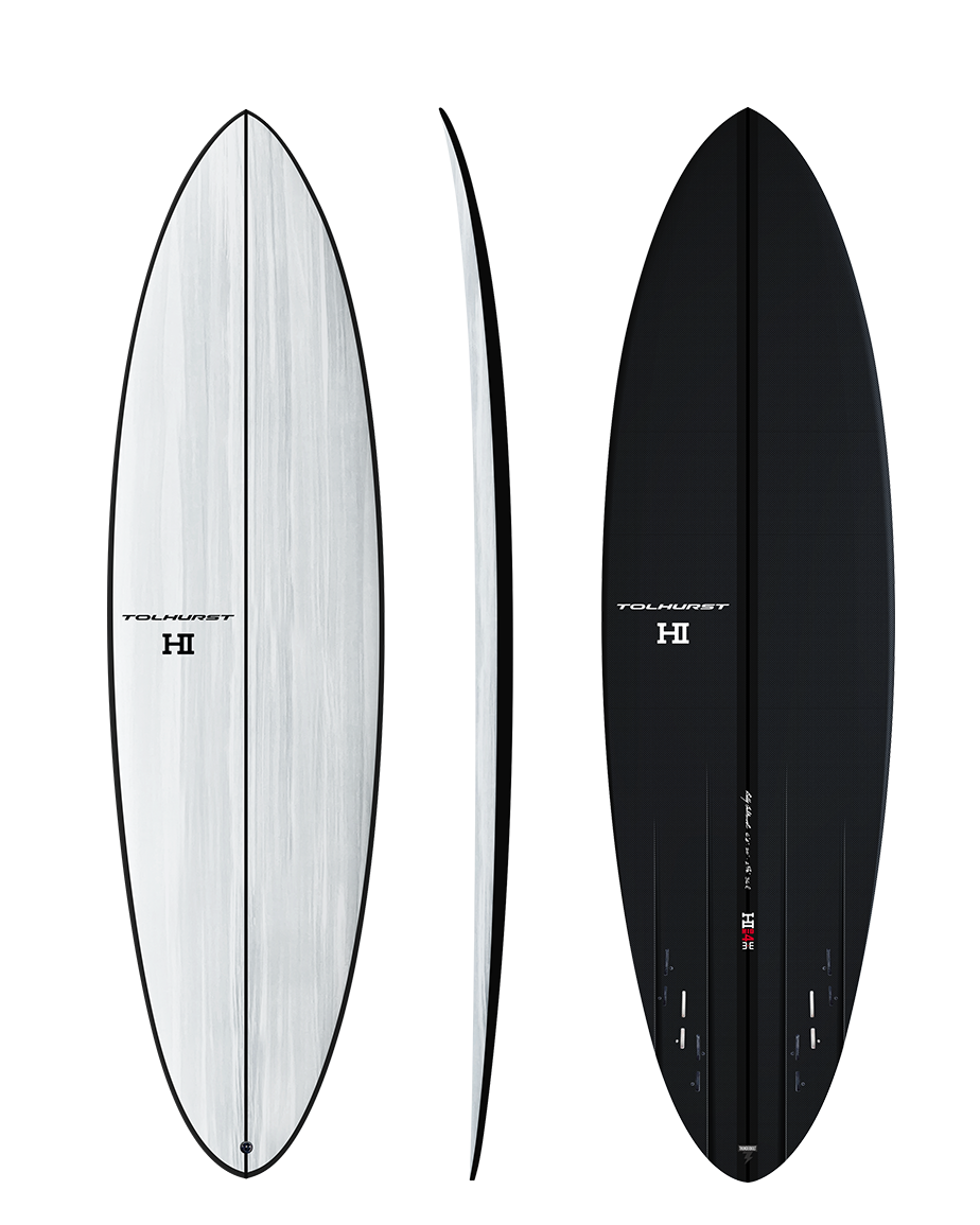 Harley Ingleby MID 4 Thunderbolt Black White/Carbon Bottom surfboard, deck, rail profile and carbon bottom views