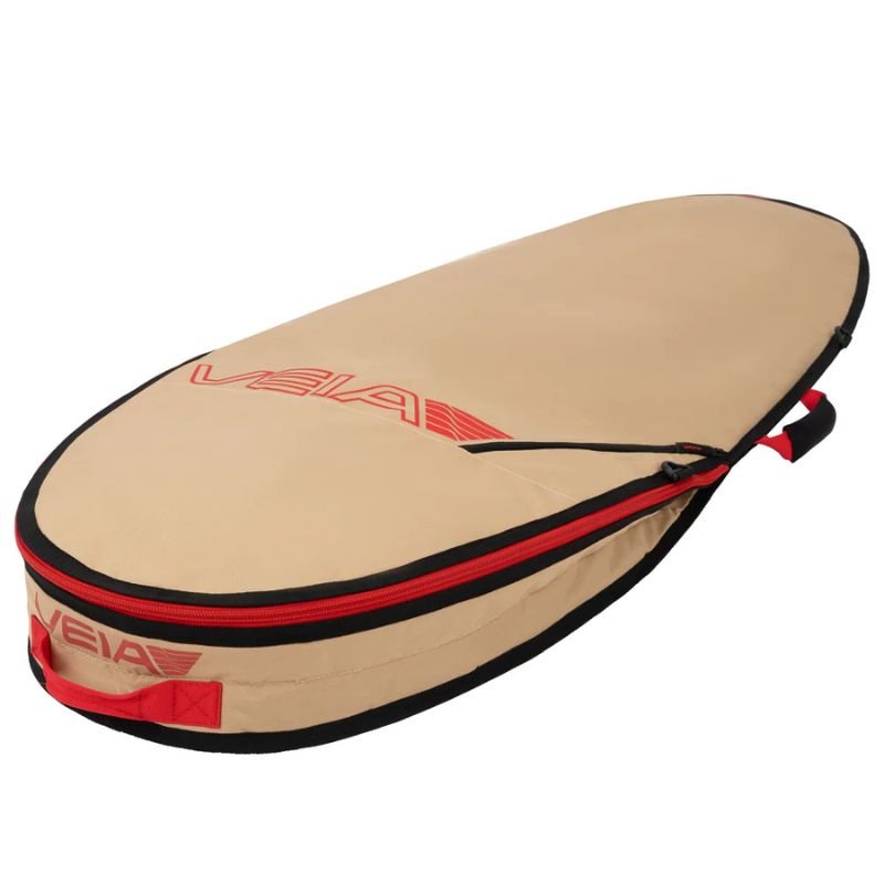 Close-up of VEIA surfboard bag tail featuring the zippered center fin slot and expanding side bite gusset.