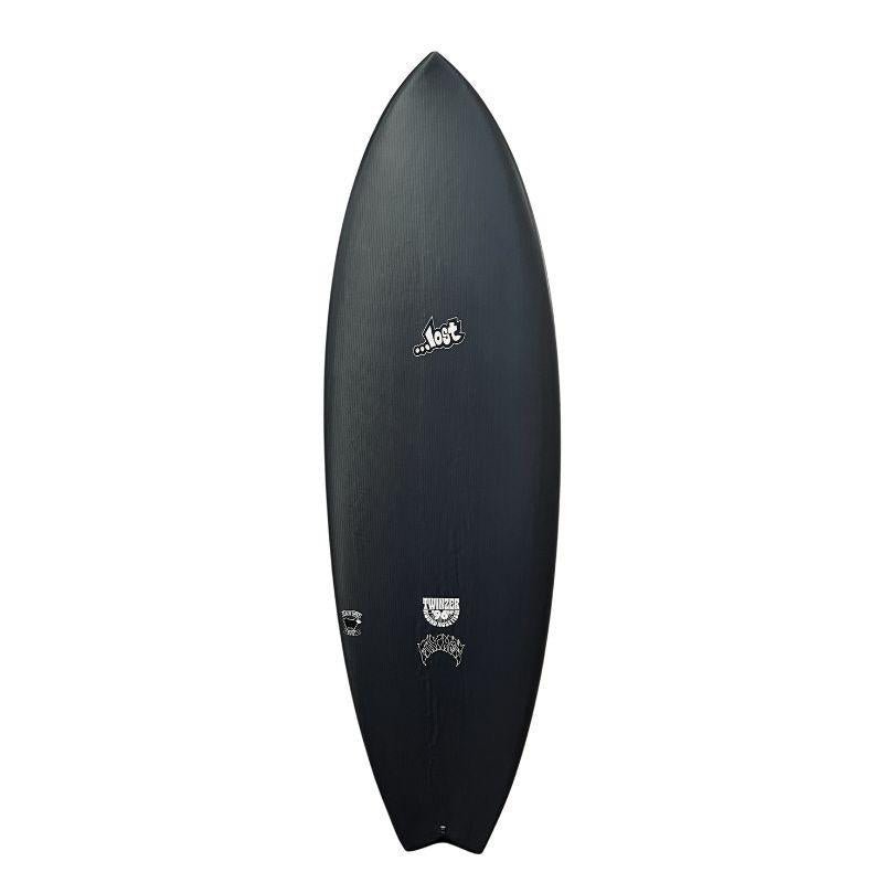 Full top deck view of the Lost RNF Twinzer 96er surfboard in Black Sheep carbon construction with a clear deck grip patch.