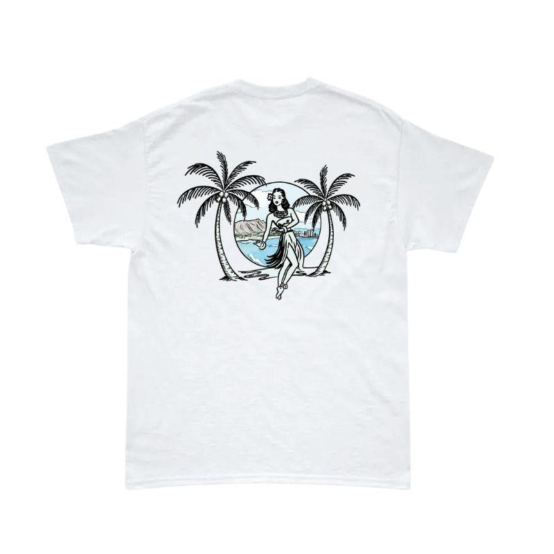 Aloha Days T-Shirt Hula & Palm Made in Hawaii (Small-XLarge) White