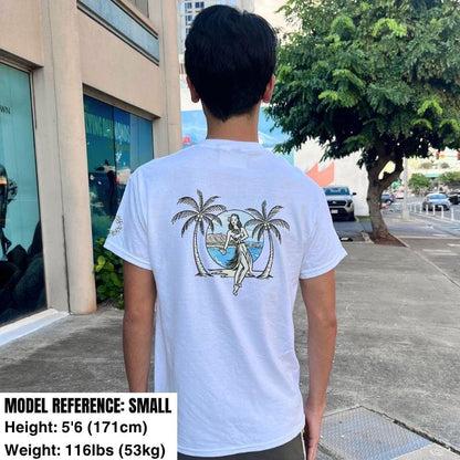 Aloha Days T-Shirt Hula & Palm Made in Hawaii (Small-XLarge) White