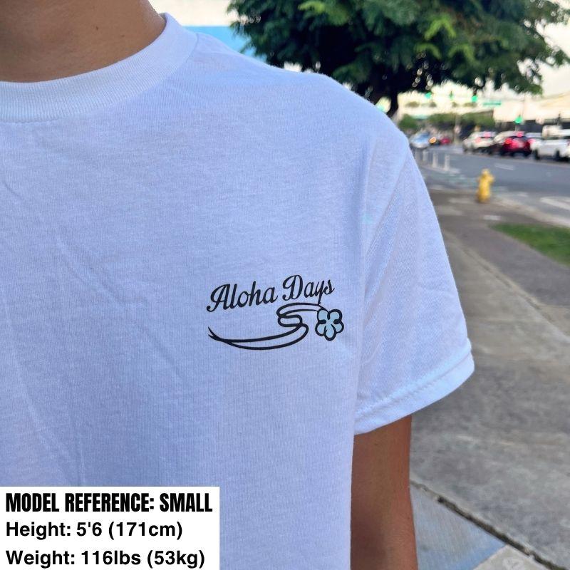 Aloha Days T-Shirt Hula & Palm Made in Hawaii (Small-XLarge) White