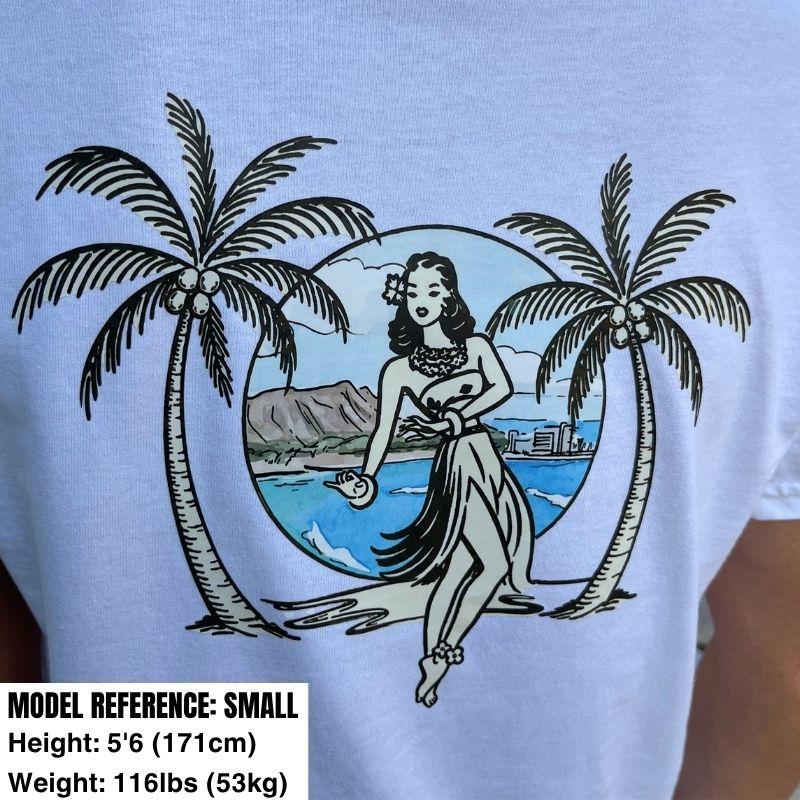 Aloha Days T-Shirt Hula & Palm Made in Hawaii (Small-XLarge) White