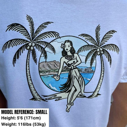 Aloha Days T-Shirt Hula & Palm Made in Hawaii (Small-XLarge) White