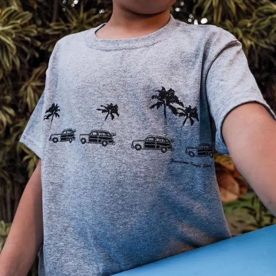 Hawaiian South Shore Original TEE Kids Car & Palm Grey-CLOTHING/BAG-HawaiianSouthShore-[SURFBORDS HAWAII SURF SHOP]-HawaiianSouthShore