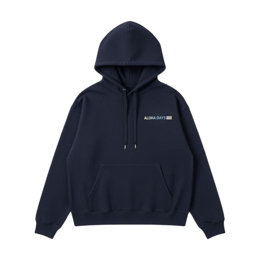 Aloha Days Vacation Hoodie in Navy, front, flat lay