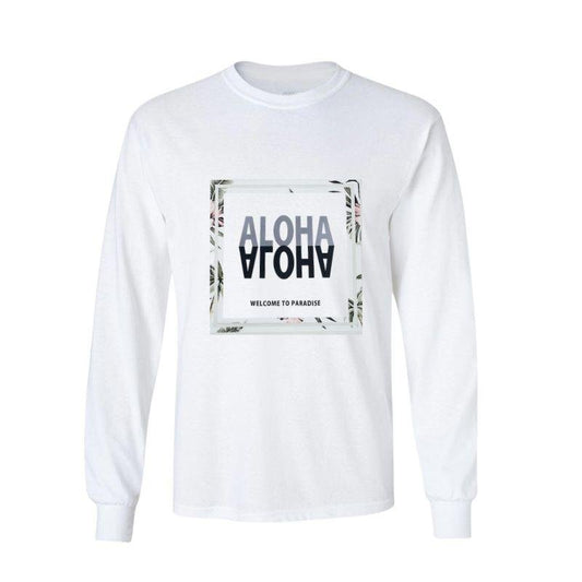 Aloha Days Long Sleeves T-Shirt Flower Square Made in Hawaii (Small - XLarge) White - Must - Have for Surfers