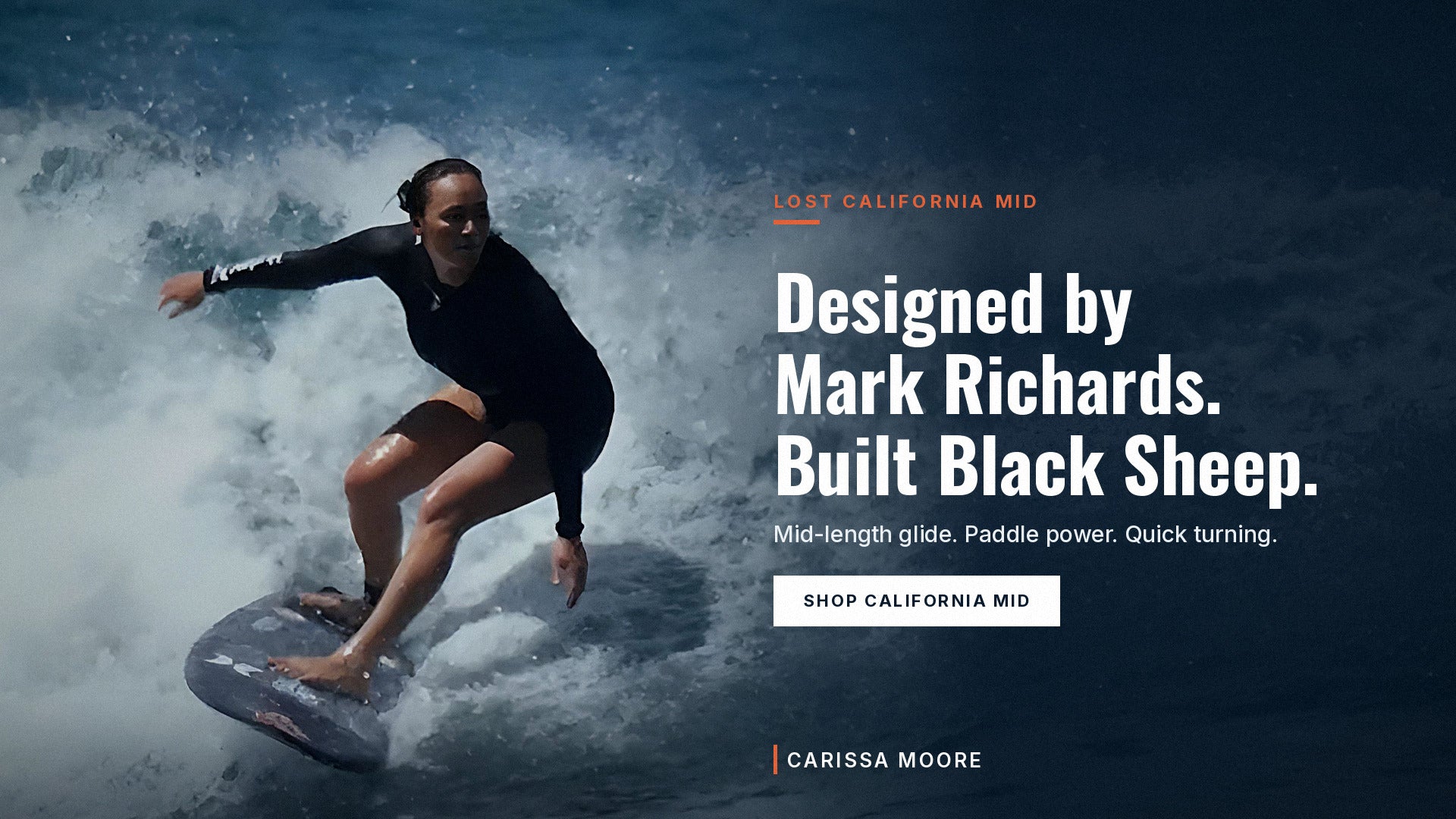 Carissa Moore surfing the Lost California Mid, designed by Mark Richards and built Black Sheep.