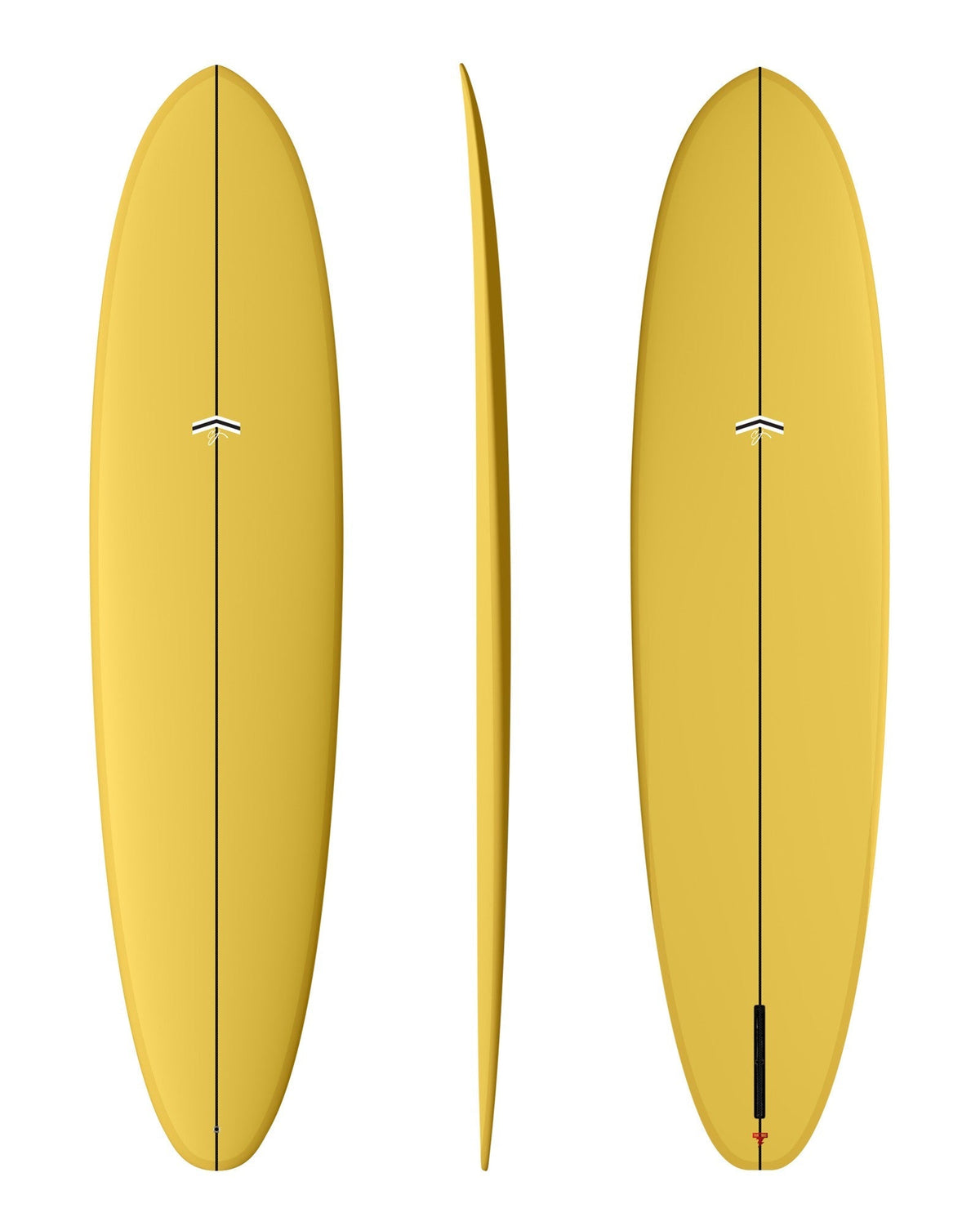 CJ Nelson Outlier 8'0 Thunderbolt Red surfboard in Mustard, top, side and bottom views