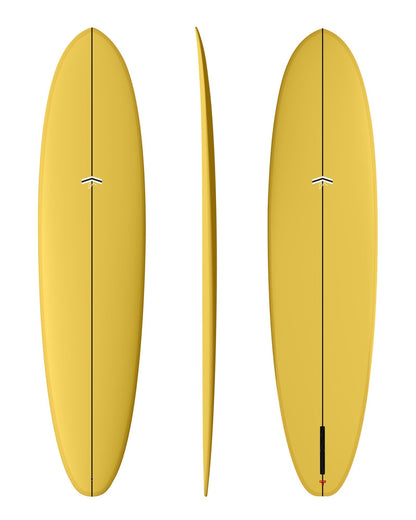 CJ Nelson Outlier 8'0 Thunderbolt Red surfboard in Mustard, top, side and bottom views