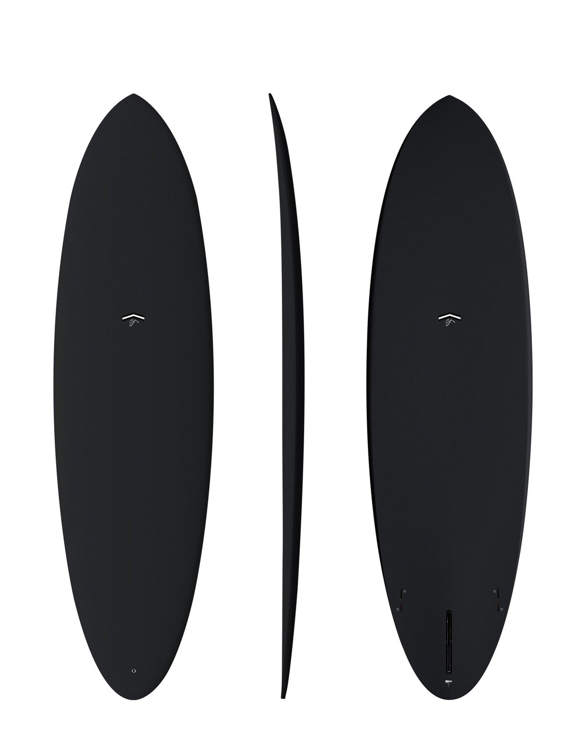 CJ Nelson Outlier X 6'3 Thunderbolt Black surfboard in Full Carbon, top, side and bottom views