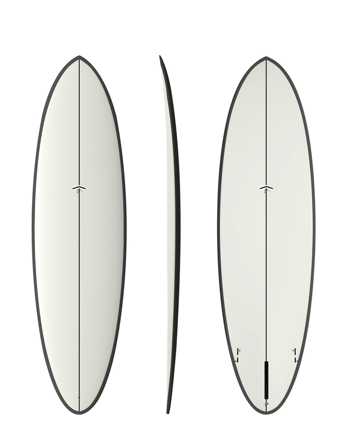 CJ Nelson Outlier X 6'6 Thunderbolt Black surfboard in White with Carbon Rail, top, side and bottom views
