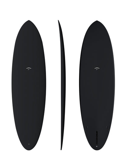 CJ Nelson Outlier X 6'6 Thunderbolt Black surfboard in Full Carbon, top, side and bottom views