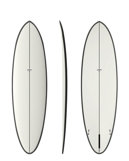 CJ Nelson Outlier X 6'9 Thunderbolt Black surfboard in White with Carbon Rail, top, side and bottom views