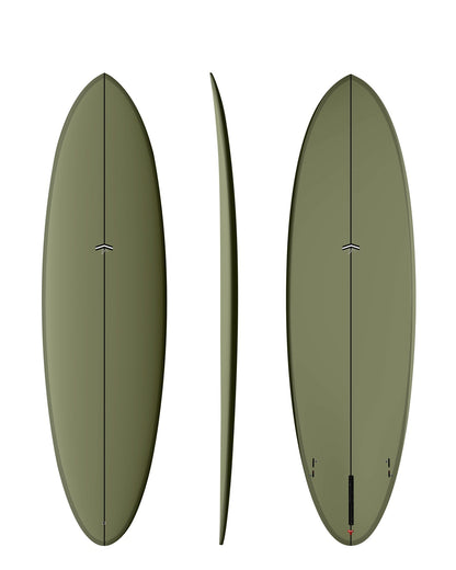 CJ Nelson Outlier X 6'3 Thunderbolt Red surfboard in Army, top, side and bottom views