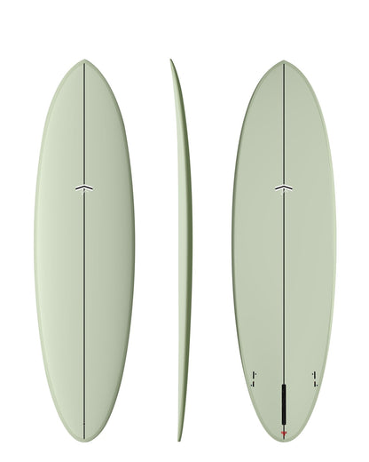 CJ Nelson Outlier X 6'9 Thunderbolt Red surfboard in Volan, top, side and bottom views