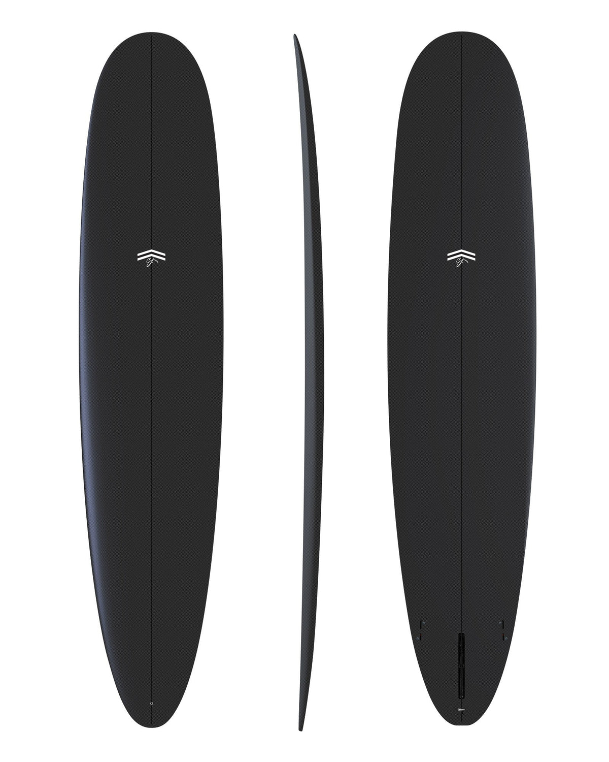 CJ Nelson Parallax Plus 8'10 surfboard in Full Carbon, top, side and bottom views