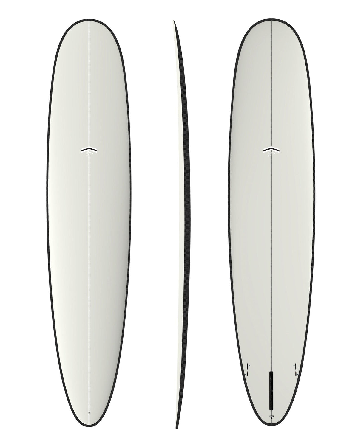 CJ Nelson Parallax Plus 9'1 surfboard in White Carbon Rail, top, side and bottom views