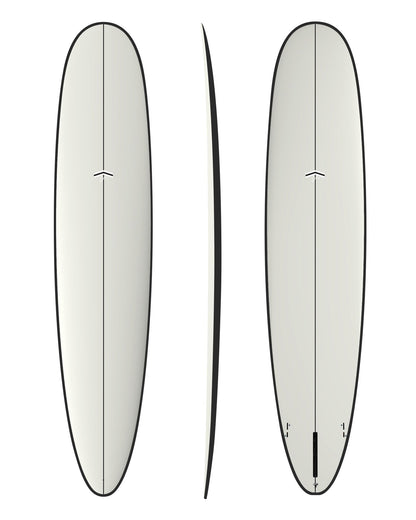 CJ Nelson Parallax Plus 9'1 surfboard in White Carbon Rail, top, side and bottom views