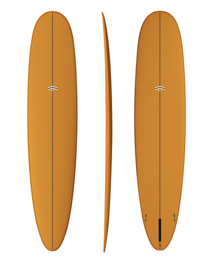 CJ Nelson Parallax Plus 9'9 surfboard in Burnt Umber, top, side and bottom views