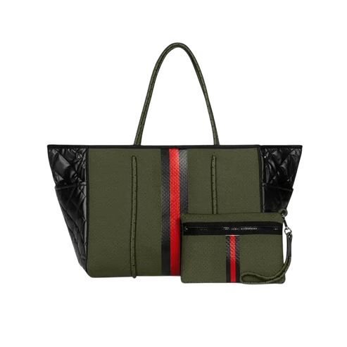 Grayson Avenue neoprene tote with army center and quilted puffer sides