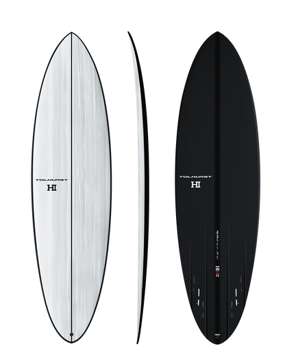 Harley Ingleby MID 4 Thunderbolt Black White/Carbon Bottom surfboard, deck, rail profile and carbon bottom views