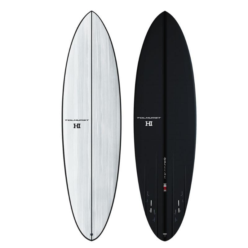 Harley Ingleby MID 4 Thunderbolt Black surfboard in White/Carbon Bottom