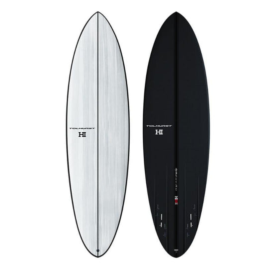 Harley Ingleby MID 4 Thunderbolt Black surfboard in White/Carbon Bottom